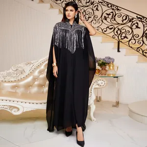 Moslim Luxe Kralen Lovertjes Kwast Zwart Abaya Saudi Arab 2 Stuks Set Abaya Moslim Vrouwen Jurk Lange Gewaad