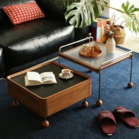 Table basse Bauhaus Mid-Century en verre, plateau en bois massif, rangement, salon, petit appartement