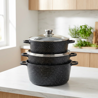 Ensemble classique de 3 casseroles Caldero en aluminium moulé 1,5/3,5/7 qt avec couvercles en verre 20/24/28 cm, design métallique durable