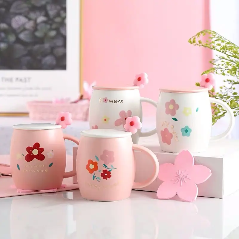 Zogift Koreaanse Bloem Roze Keramische Mok Koffie Beker Met Deksel En Lepel Grote Aangepaste Logo Cups
