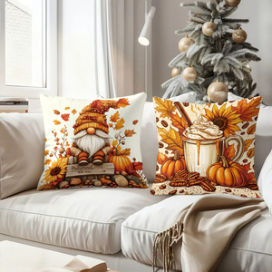 Bantal hias musim gugur dengan motif labu, anak anjing, gnome, dan minuman hangat untuk dekorasi rumah sesuai musim. - Product Image 4