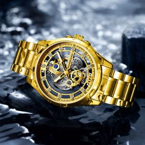 นาฬิกาควอตซ์โครงกระดูกสแตนเลสสตีลหรูหราสีทองสำหรับผู้ชาย สายหนังแฟชั่นสปอร์ต ตัวเรือนโลหะผสม รับผลิตแบบ OEM ODM พร้อมโลโก้ตามสั่ง - Product Image 3