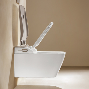 Inodoro inteligente de pared con control remoto, moderno, de cerámica blanca brillante, con sifón en S, cuadrado, de una pieza, con bidé. - Product Image 2