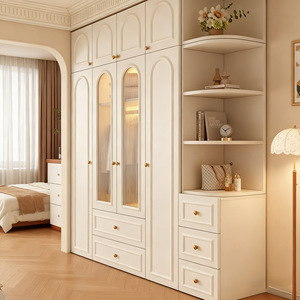 Armoire d'angle rétro française avec grille ouverte, couleur <span class=keywords><strong>blanc</strong></span> crème, grande capacité, armoire combinée pour chambre principale, casiers personnalisés - Product Image 2