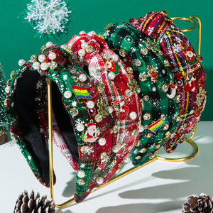 Vintage <strong>Tartan</strong> Plaid Fabric Knot <strong>Headband</strong> Pearl Rhinestone Christmas Hair Accessories - Product Image 2