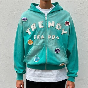Sweat à capuche oversize à épaules tombantes et fermeture éclair, style streetwear, avec broderie appliquée et effet délavé à l'acide - Product Image 1