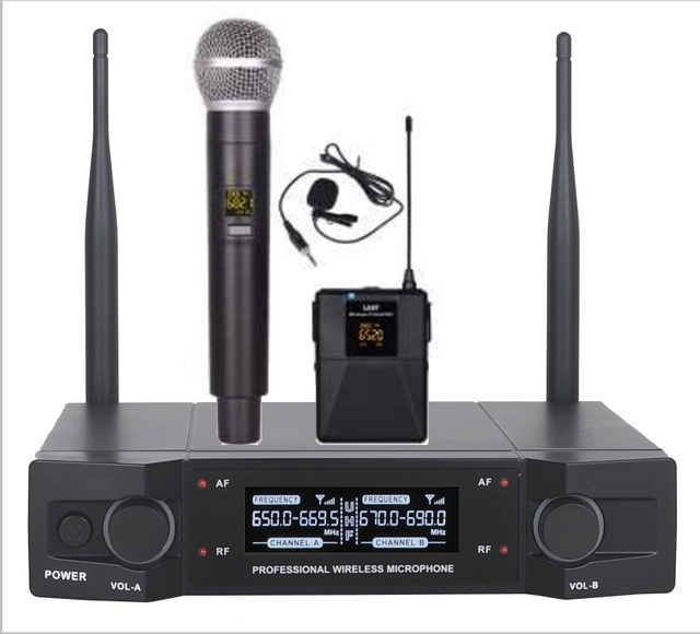 Portable UHF Dual Channel Wireless Microphone System Lavalier Headset Handheld XLR Metal Home Karaoke Party Singing