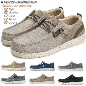 Custom LOGO Big Size 48 Men's Canvas Shoes Slip On Footwear Sneakers Outdoor Fashion Round Toe Leisure Loafer Boat Shoes Walking