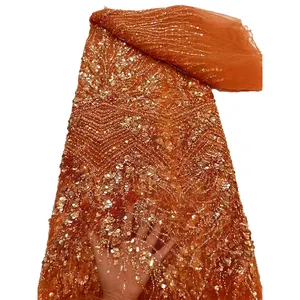 NI.AI High Quality Gold White Orange French Tulle Sequins Full Pearls Embroidery Heavy Beaded Lace Fabric Luxury Dress