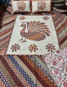 Handmade Peacock Print Cotton Quilt Reversible Double Bed <b>Comforter</b> <b>Set</b> with Matching Pillow Covers - Product Image 2
