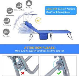 Folding Chaise Lounge Chair Outside 4 Position Beach Lounger Canopy Sun Shade <b>Head</b> <b>Rest</b> Pillow Side Pocket Lightweight - Product Image 3