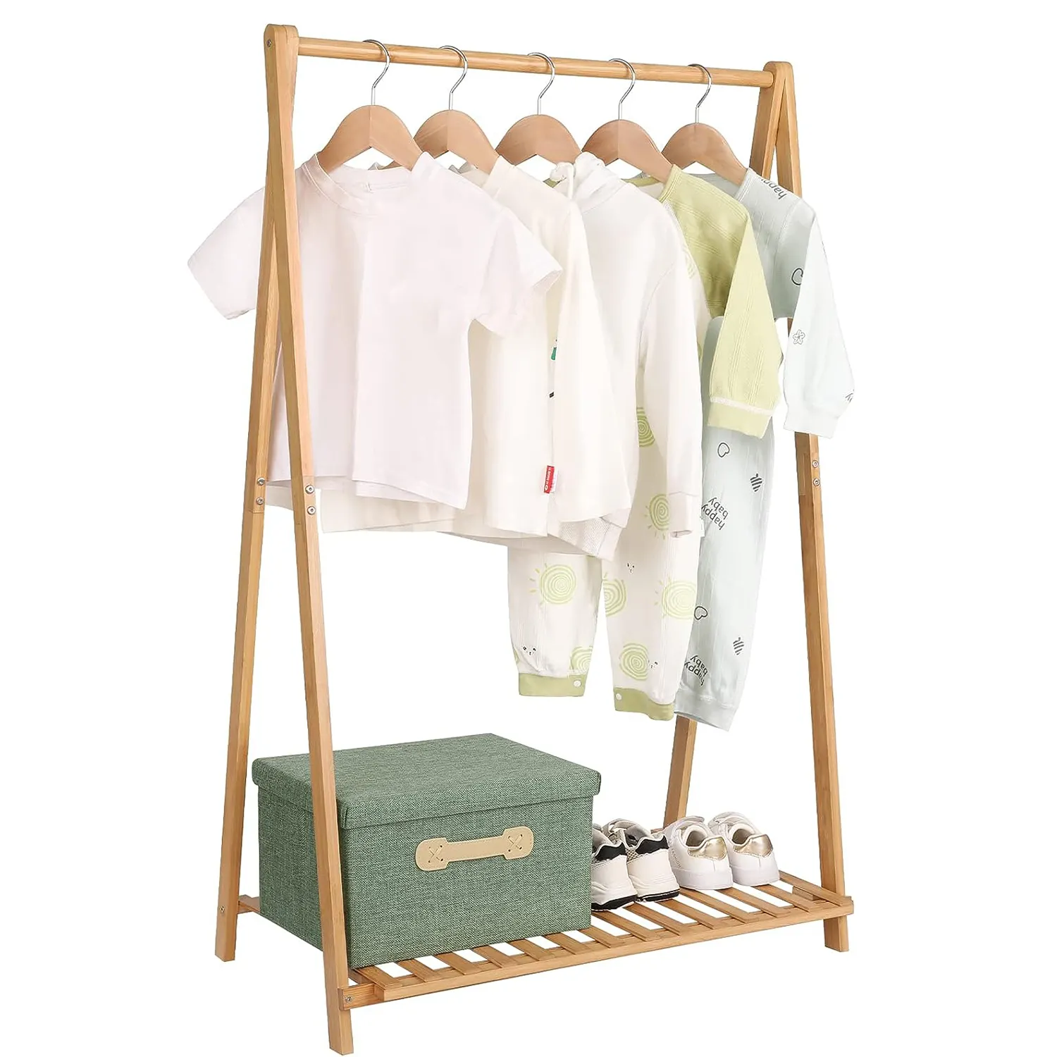 Rak penyimpanan pakaian bambu, rak kain bambu fungsional, 1 tingkat, rak penyimpanan garmen anak untuk kamar tidur balita, pengatur efektif untuk kostum