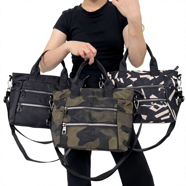 Cross-border Exclusive Womens Stylish Lightweight Nylon Tote Bag Zipper Polyester Personalized Multi-pocket Contrast-color