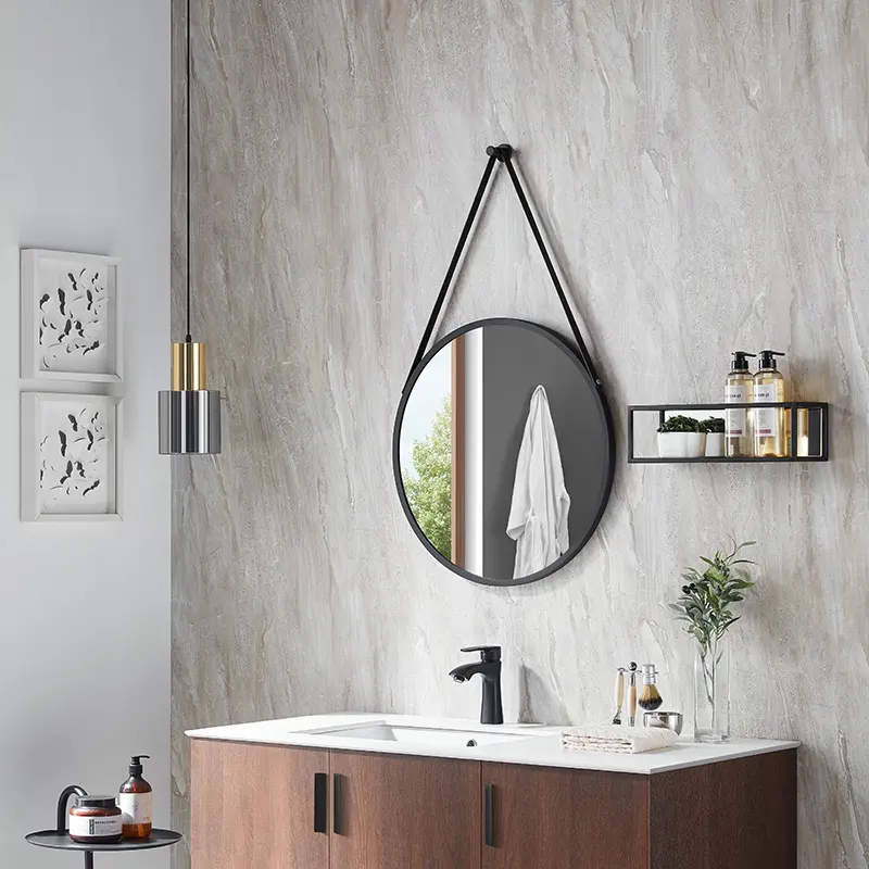 Nordic Style Simple Design Round Shape Corrosion Resistant Aluminum Framed Wall Vanity Mirrors Hanging With Leather Belt