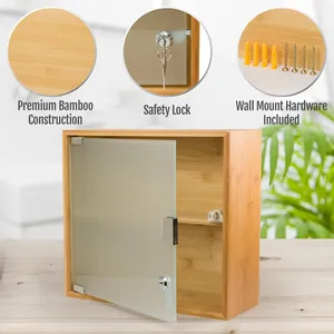 Armoire à pharmacie murale à 2 niveaux en bambou et verre avec serrure pour salle de bain ou usage domestique - Product Image 5