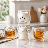 Tasse à café créative en verre borosilicate double paroi en forme de petit chat, sans anse