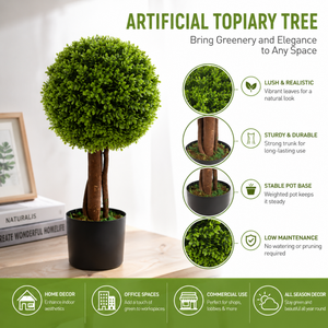 Plante artificielle sphérique en pot, style topiaire, avec tronc en bois et base lestée, matériaux naturels mixtes, vente en gros - Product Image 3
