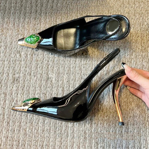 Zapatos de tacón dorados personalizados para mujer con correa trasera, tacones originales, sandalias de vestir con punta cuadrada y charol brillante - Product Image 6