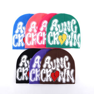 Topi rajutan beanie jacquard bolak-balik tanpa manset dengan huruf, warna blok, grafis Y2k, rajutan akrilik - Product Image 2