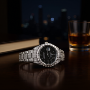 Montre à quartz de luxe pour homme avec pierres en moissanite, bracelet en acier inoxydable, cadran à chiffres romains, fonction jour/date, mouvement ETA, tendance - Product Image 2