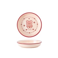 Vaisselle en céramique pour enfants, motif ours de dessin animé mignon, finition émail rouge, haute qualité, vente en gros, ensemble bol et assiette, compatible micro-ondes, style Ins