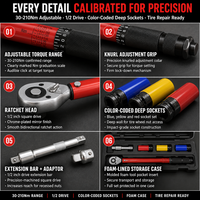 Jeu de clés dynamométriques réglables 30-210 Nm, entraînement 1/2 po, outil professionnel pour réparation automobile, outil pour écrous de roue