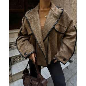 Autumn & Spring Ladies Cashmere Crop <b>Jacket</b> with <b>Sheep</b> <b>Skin</b> Leather Trim Brown Custom Logo Dyed Satin Silk Lining Short Length - Product Image 4