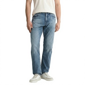Jean en denim délavé coupe droite, taille mi-haute, bleu clair, en coton, décontracté, respirant, tissu tissé, pantalon élégant pour homme - Product Image 1