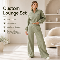 Conjunto de Dos Piezas de Marca Propia para Mujer: Sudadera Corta de Algodón Felpa Verde Salvia con Cremallera de Cuarto y Pantalón de Chándal de Pierna Ancha de Cintura Alta