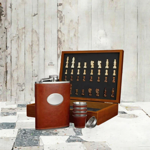 Whiskey Chess Gift Portable Square Wooden Box Set Mini Brown Leather <b>Stainless</b> Steel Flask with Funnel 8 oz 4 <b>Glasses</b> - Product Image 3