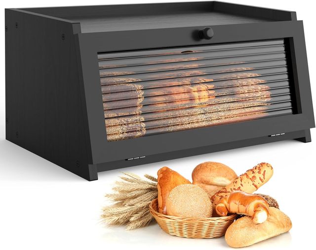 Minimalist Kitchen Storage Box Large Capacity Farmhouse Bread Container Countertop Vintage Black Bread Box with Window