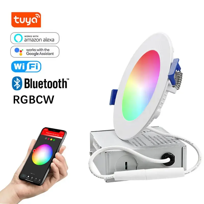 Smart Wifi Alexa Tuya App Control Dimmable Led Slim Panel Lights avec boîte de jonction 4 pouces 6 pouces RGB Encastré Plafond Downlight