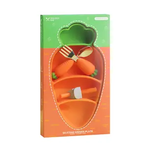 胡萝卜形状食品级硅板套装儿童晚餐婴儿硅胶板套装餐具，带勺子和叉子吸管