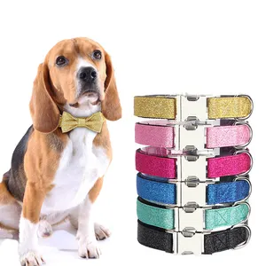Free Engraving ID Name Tag Adjustable Sparkling Bling Party Dog Collar Custom Nylon Pet Collar With Removable Bow Tie