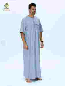 Al Haramain <b>Men's</b> Light Gray Cotton <b>Thobe</b> Short Sleeve Floor Length Breathable Traditional Arabic Prayer Wear good cotton - Product Image 2
