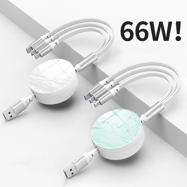 Gift OEM 3 in 1 Retractable 66W Super Fast Charging Type C Micro 8 Pin Cable for Mobile Phone