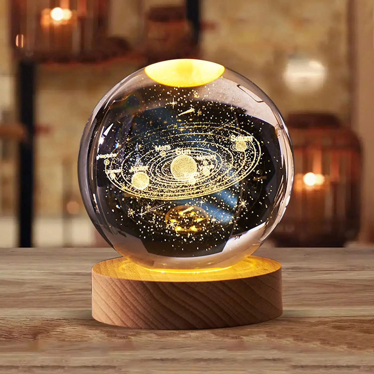 Lampe de nuit système solaire lune nébuleuse 3d art K9 boule de cristal lampe de nuit lumineuse boule de cristal 3d avec base de veilleuse LED en bois