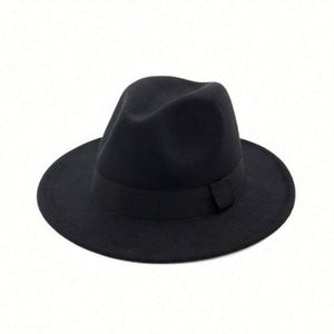 Sombrero Fedora de Ala Ancha para Hombre, Elegante, 100% Fieltro de Lana, con Banda Estampada, Color Negro - Product Image 1