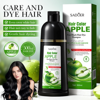 Sampo Pewarna Rambut Hitam Alami Semi-Permanen SADOER Berbahan Dasar Tumbuhan Apel Hijau 500ml, Menutup Uban Secara Instan