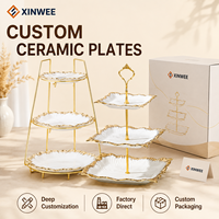 Assiette à étages en céramique blanche personnalisée avec bord doré, conforme aux normes alimentaires FDA LFGB, plat de présentation, cadeau de fêtes OEM, vente en gros États-Unis Canada