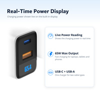 Chargeur GaN 65W avec prise UK, 2 ports USB-A et USB-C, adaptateur mural à charge rapide avec affichage numérique LED de la puissance pour téléphone, tablette, ordinateur portable