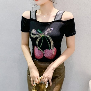 Tops y Camisetas para Mujer con Estampado de Múltiples Patrones, Hombros Descubiertos, Pedrería, Lentejuelas <span class=keywords><strong>Brillantes</strong></span>, Ropa para Discoteca, Camisetas de Manga Corta para Fiesta - Product Image 4