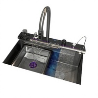 Évier de cuisine moderne en acier inoxydable noir avec robinet cascade multifonctionnel pour hôtel et cuisine