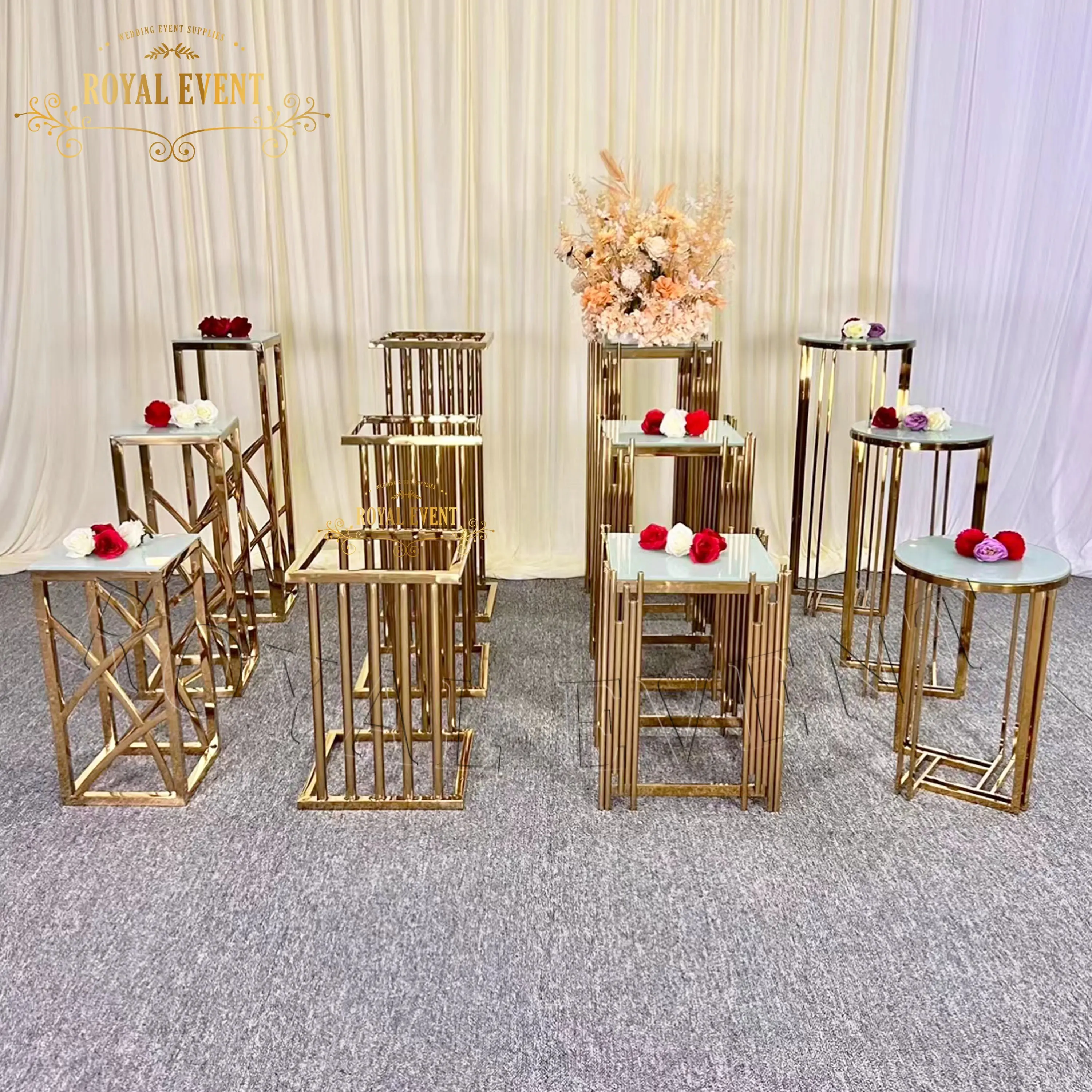 Düğün malzemeleri Metal paslanmaz çelik kek Plinths altın çiçek olay için düğün Centerpieces kek masa standı