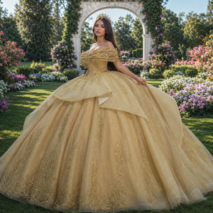 Vestido de Quinceañera Elegante Mc030 Color Champán con Corsé de Cristales y Cuentas, Tulle Brillante y Sobrefalda en Capas, Estilo Princesa Jancember - Product Image 1