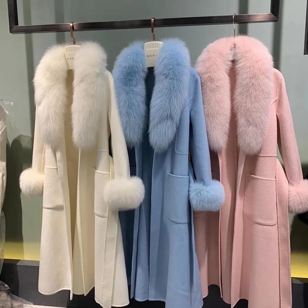 Hot Sale Elegante Frauen Langer Woll kaschmir mantel mit echtem Fuchs pelz kragen