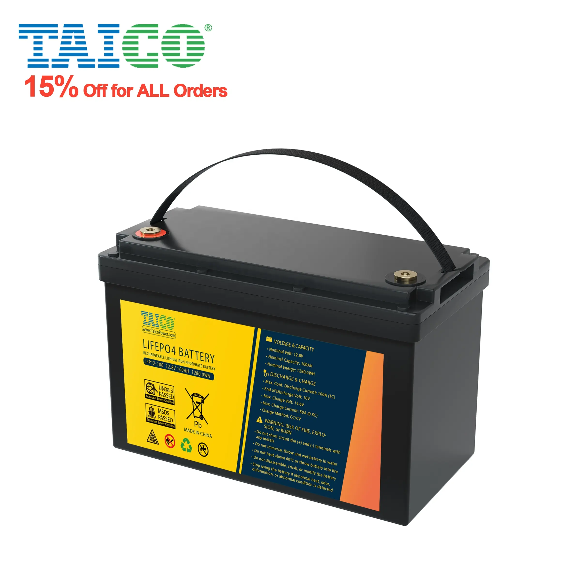 TAICO Super Safety 12V Lifepo4 Battery 12.8v 100AH Low Temperature Lithium Batteries Manufacturers