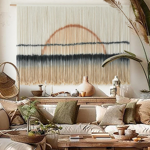 Tapisserie murale en macramé moderne minimaliste neutre au-dessus du lit, fil teinté en tie-dye rose, 57x35 pouces - Product Image 5
