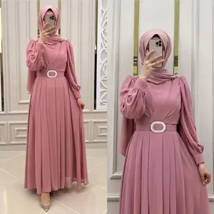 Gaun sifon warna polos dengan lengan panjang dan kerah bulat dengan sabuk Abya Dubai baju gaun Muslim wanita