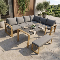 Ensemble de canapé d'extérieur en forme de L, moderne, confortable et portable, avec structure en acier, accoudoirs imitation bois et table basse
